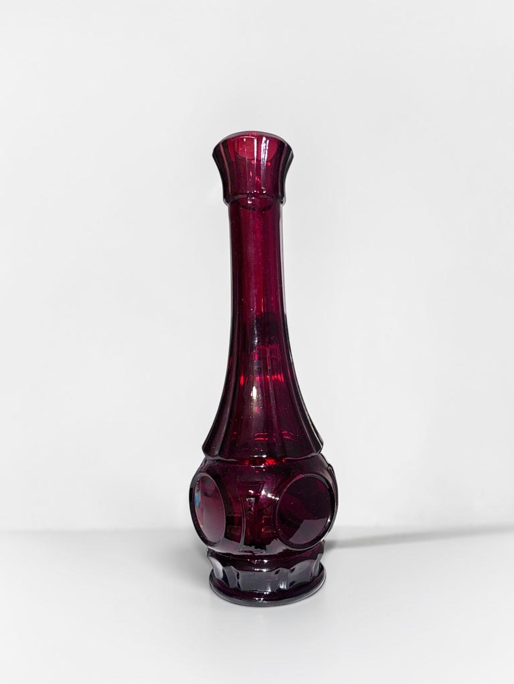 Vintage Ruby Red Glass Bud Vase with Raised Circular Motif, Mid-Century Modern